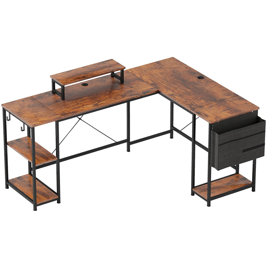 Scrivania angolare 168x120 cm marrone con ripiani e supporto monitor