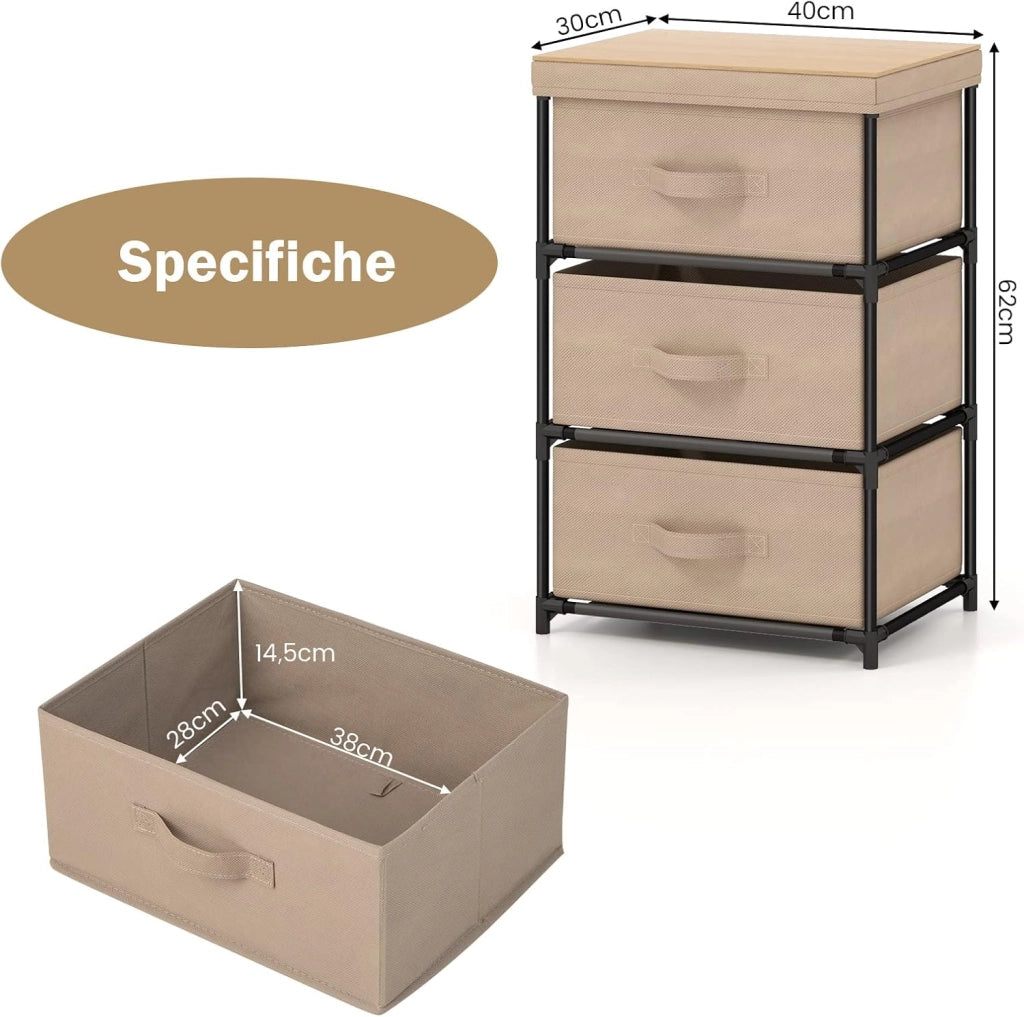 Cassettiera in Tessuto, Mobile con 3 Cassetti e Struttura Robusta in Metallo, Armadio per Camera da Letto, Soggiorno, Ingresso, 40 x 30 x 62 cm (Caffè)