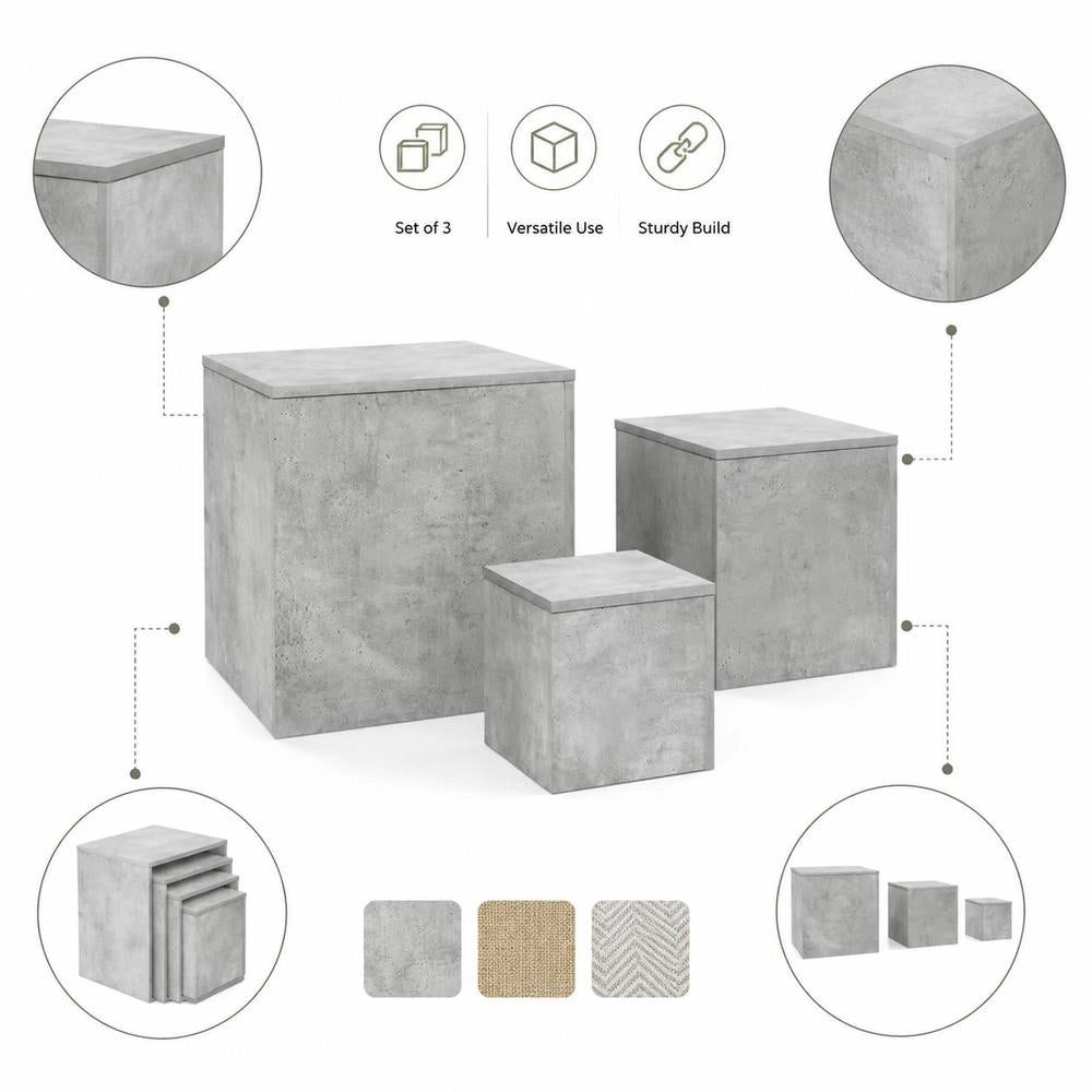 Side Tables, 3-piece Set, Concrete Grey, Wood-based Material