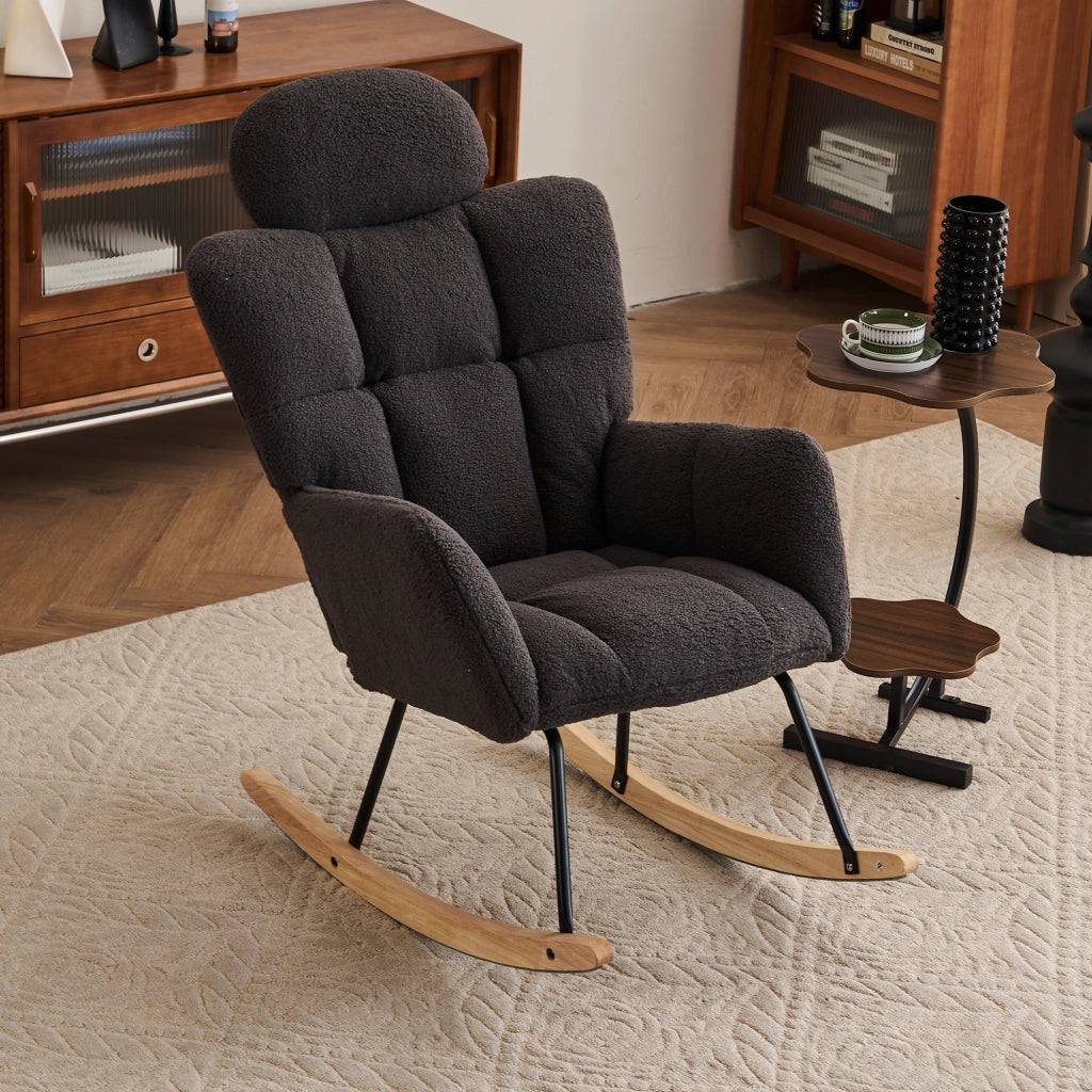 Poltrona a Dondolo Imbottita ¨C MINIMAL ¨C Tessuto Teddy Trapuntato, Grigio Scuro