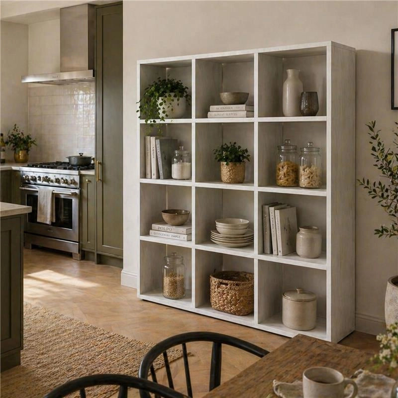 LIBRERIA CUBICA IN LEGNO BIANCO MODERNA CON 12 RIPIANI DIMENSIONI 90X24X130 CM