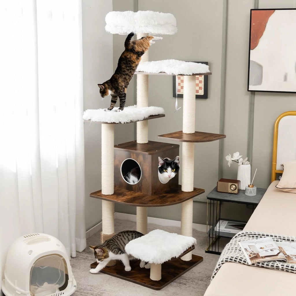 Tiragraffi per Gatti Adulti, Tiragraffi per Gatti con Cuccia, Piattaforma, Cuscini e Tiragraffi, Albero Tiragraffi per Gatti Grandi Alto in Legno, 60 x 60 x 160 cm