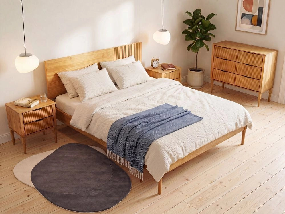 Set da camera da letto in legno di pino con letto matrimoniale 2 comodini e cassettiera a 6 cassetti 180 x 200 cm marrone chiaro stile scandinavo