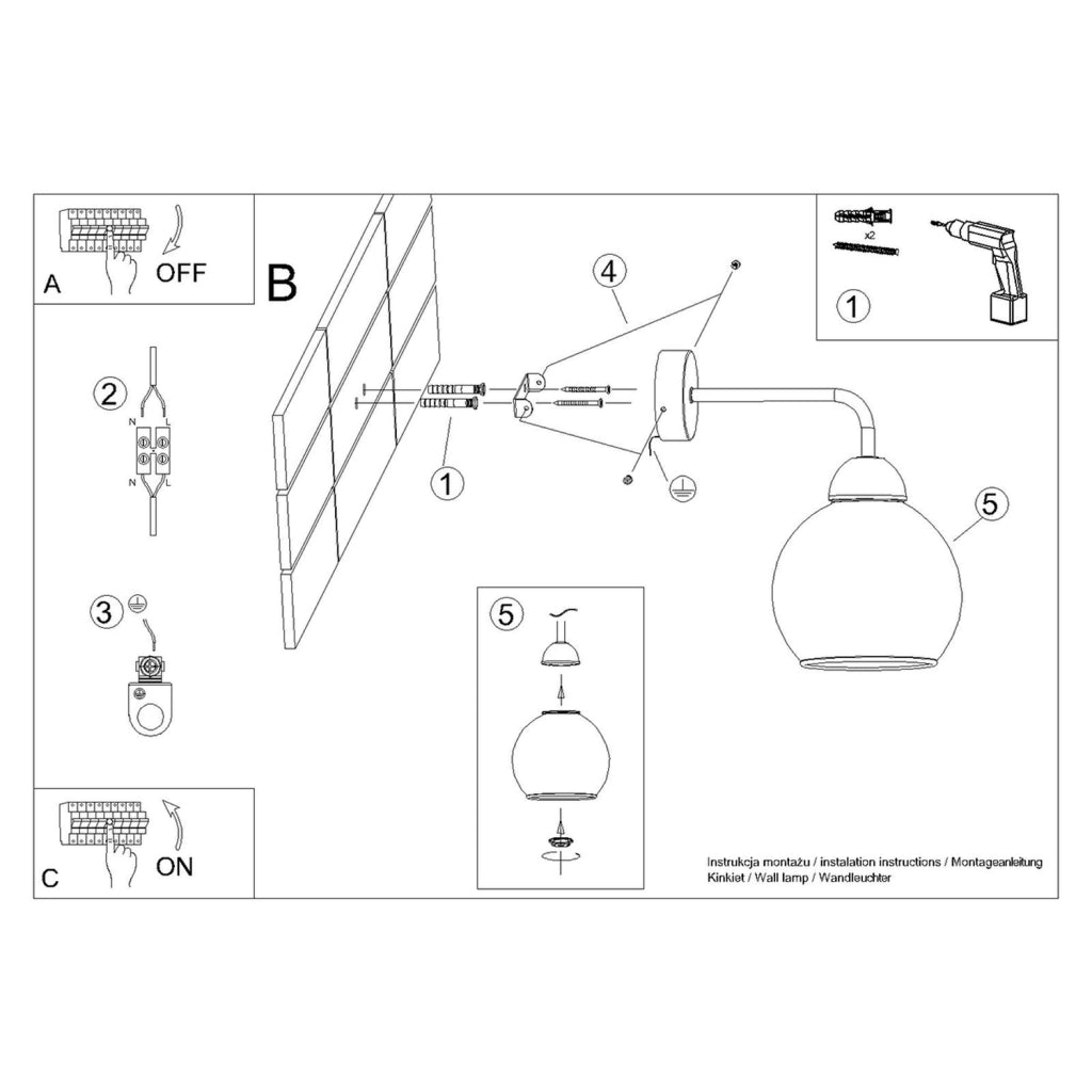 Applique Pure Lume ROVANO nera sfera vetro fumé E27