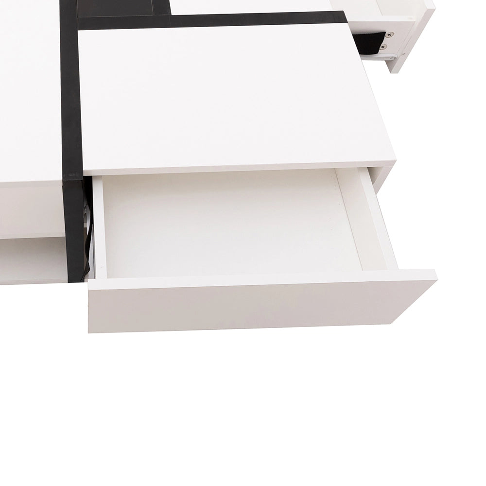 Tavolino da caffè 78x78x36 cm; 4 cassetti e ripiano inferiore; pannello truciolare bianco
