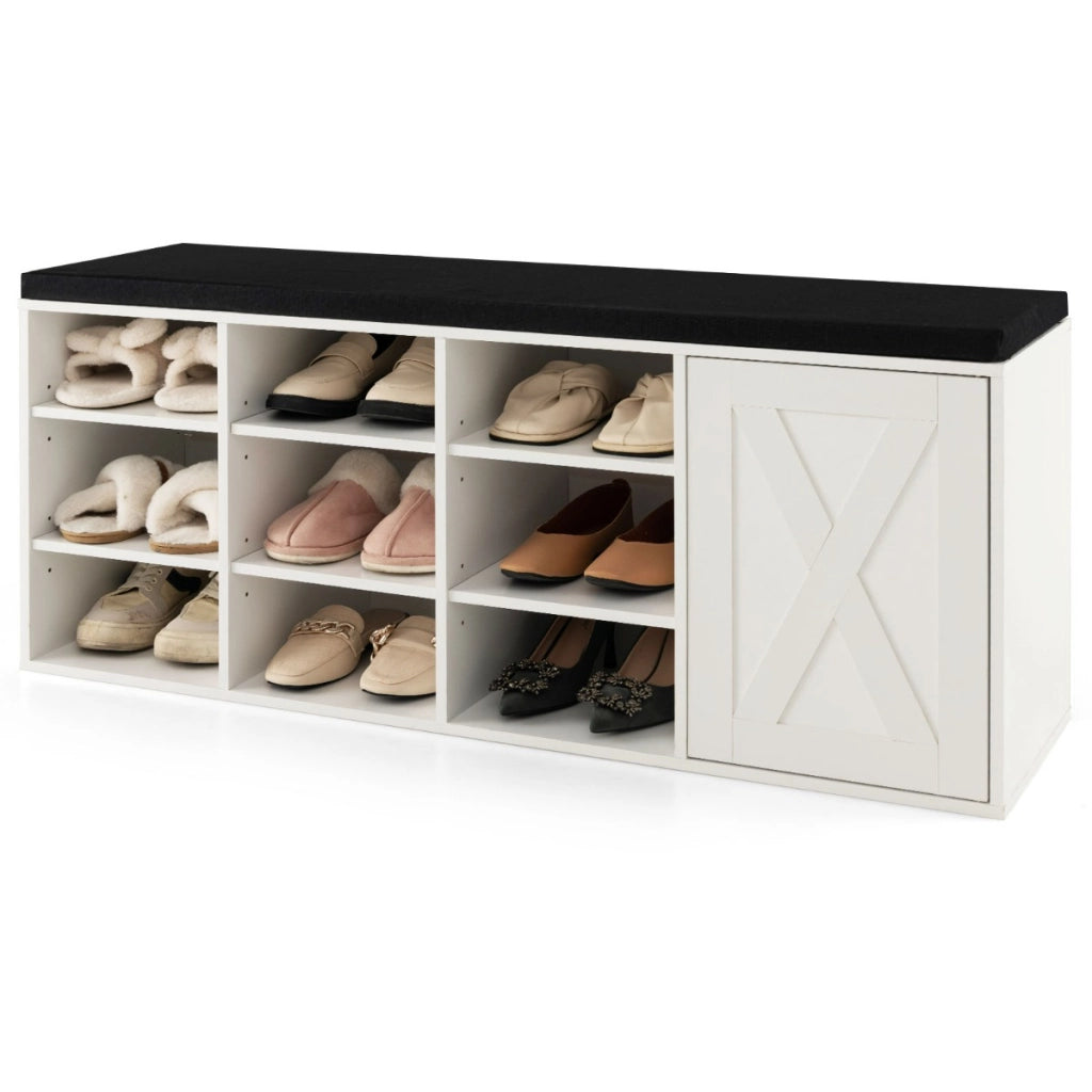Panchina con ripiano per scarpe con cuscino imbottito e 9 cubi-Scarpiera a 3 livelli con ripiani regolabili Bianco