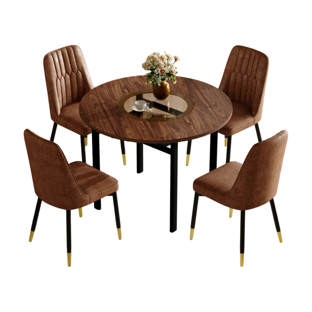 Set tavolo da pranzo e sedie con 1 tavolo rotondo e 4 sedie con ripiano in MDF; tessuto; metallo marrone e nero