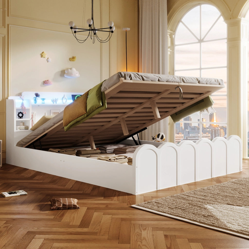 DESMIU Letto contenitore 140 × 200 cm 2 posti con USB Type-C, LED e vano idraulico, senza materasso, bianco