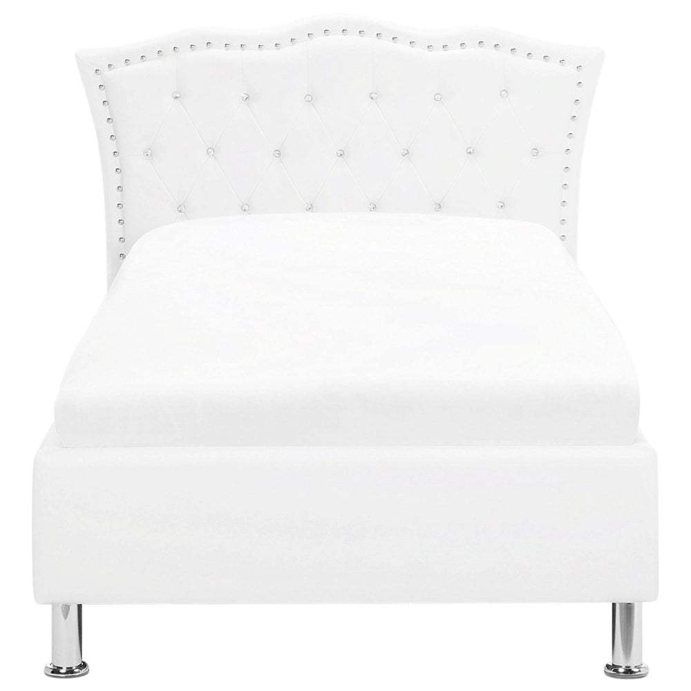 Letto singolo in ecopelle bianca con struttura imbottita da 90 x 200 cm con rifiniture per la testa dei chiodi contenitore