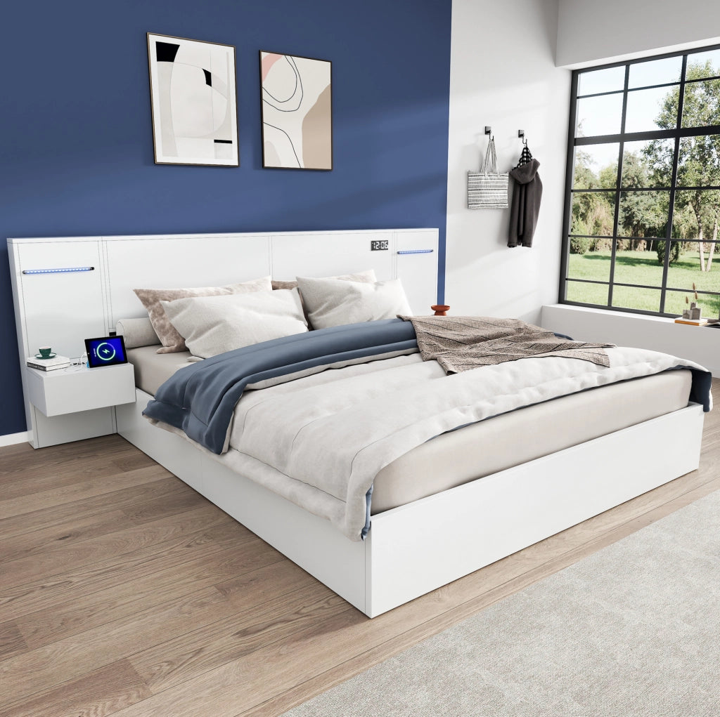 Letto 180x200 cm con Bluetooth; orologio elettronico; luci LED e USB in MDF bianco
