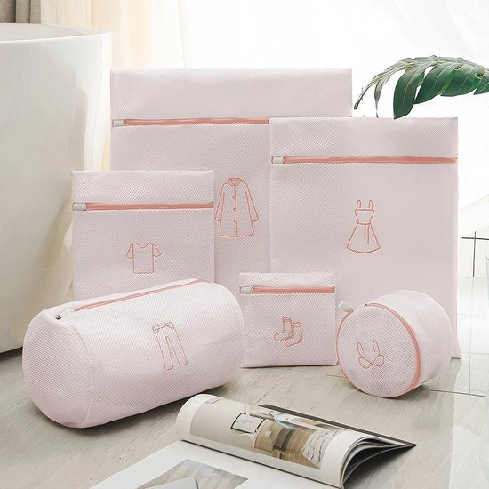 Set di 6 waschette con cerniera - Waschette a rete per lavatrici - Waschette a rete fine e a rete grande riutilizzabili - per magliette delicate, calze, sottovesti, reggiseni, lingerie, abbigliamento per bambini - 160g etichetta per abbigliamento in rosa