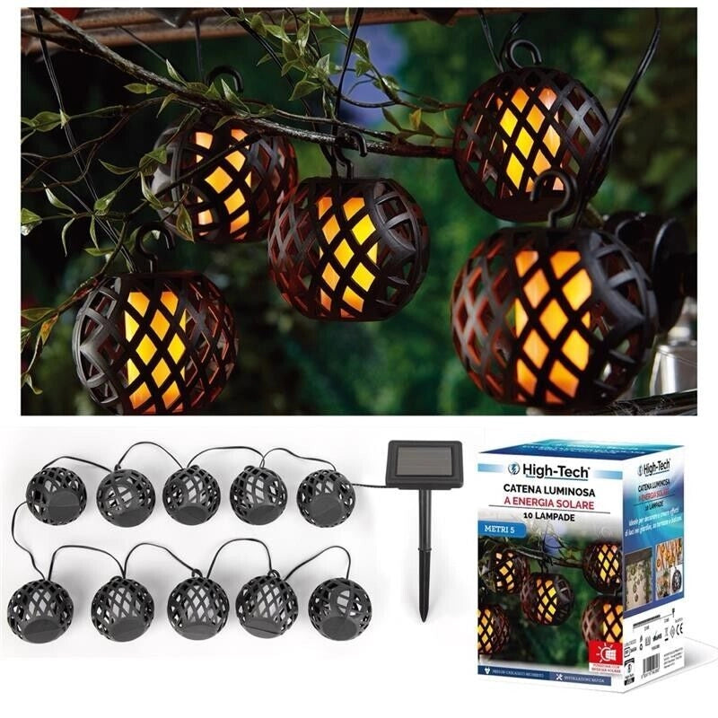 CATENA LUMINOSA A ENERGIA SOLARE CON 10 LANTERNE X 8 MT IN COLORAZIONE NERA