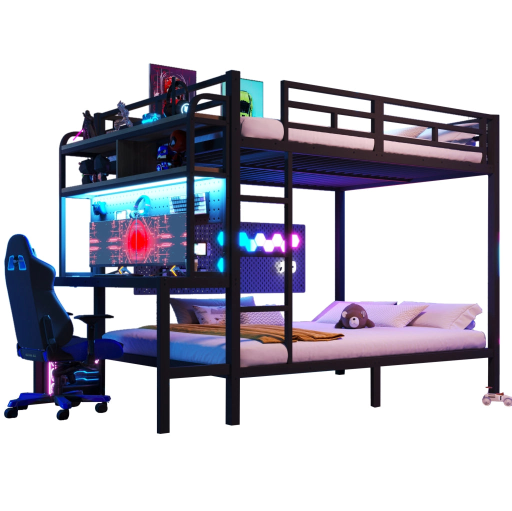 Letto a castello 140x200 cm nero con scrivania, LED, USB e ripiani