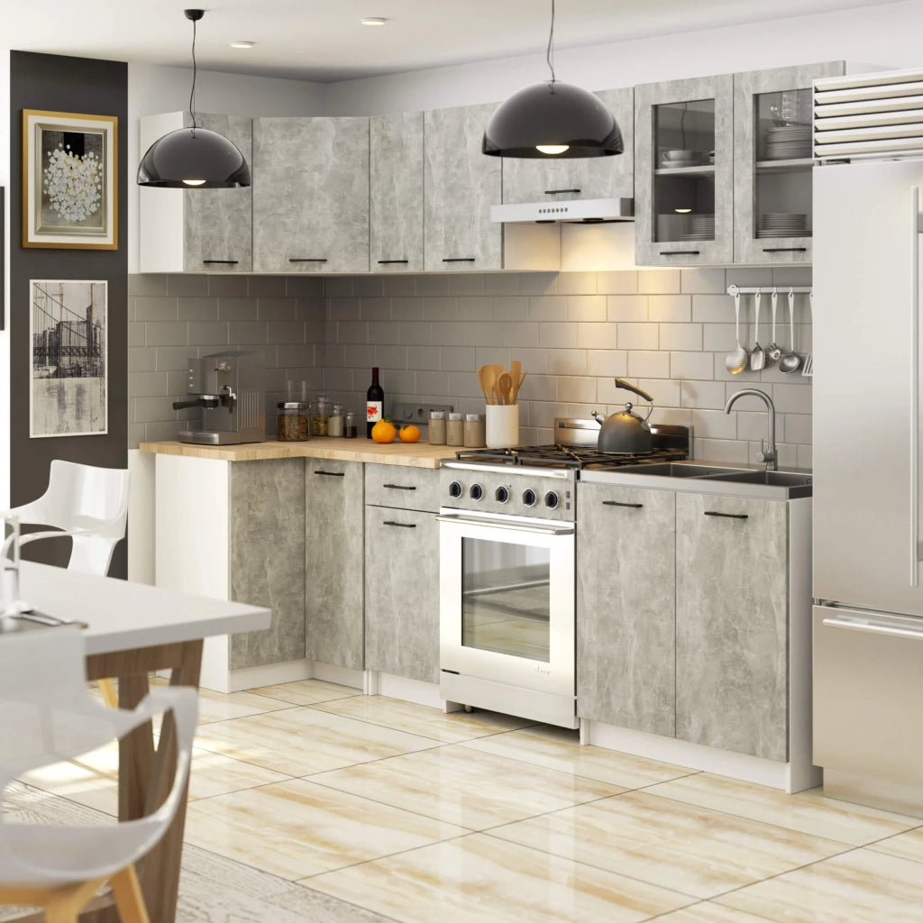 Set da cucina con vetrina AKORD OLIWIA 3,0 m Bianco 300 cm 11 ante 1 cassetto frontale Cemento 300×46×203 cm