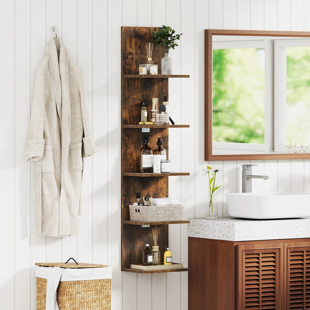 Mensole da parete a 5 ripiani in legno verticali sospese, Organizer per camera soggiorno bagno decorazione casa Marrone