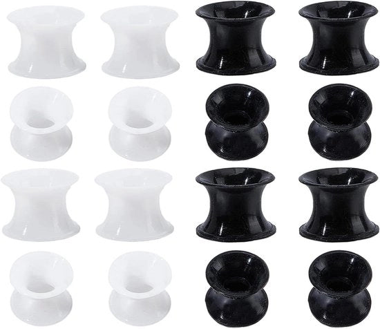 Orecchini siliconati 8 mm nero e bianco (8 paia), doppio allargamento, extra morbidi e flessibili - orecchini allargatori unisex