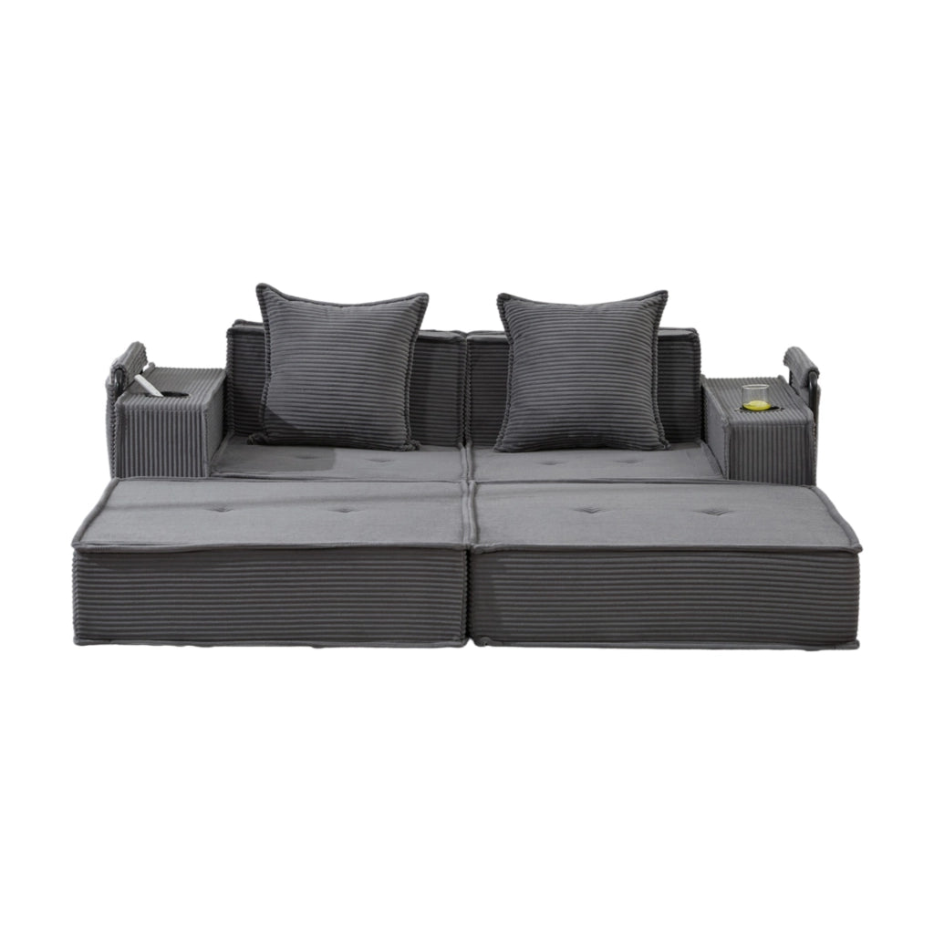 Pouf divano modulare in velluto a coste grigio scuro con 2 cuscini, tasche laterali e seduta ergonomica