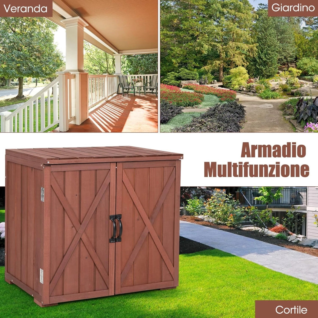 Casetta da Giardino in Legno di Abete, Capanno da Esterno con Doppie Ante Magnetiche e Comode Maniglie, Ideale per Giardino, Giardino, Fattoria e Cortile, 77 x 56 x 72 cm