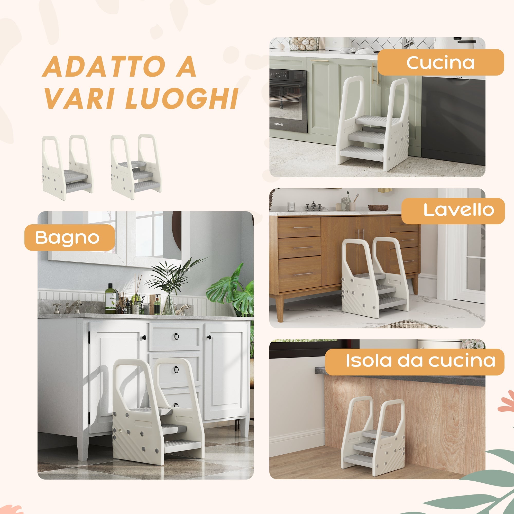 Scaletta per Bambini  3 Gradini in HDPE 43x42x65,5 cm Grigio e Bianco Crema