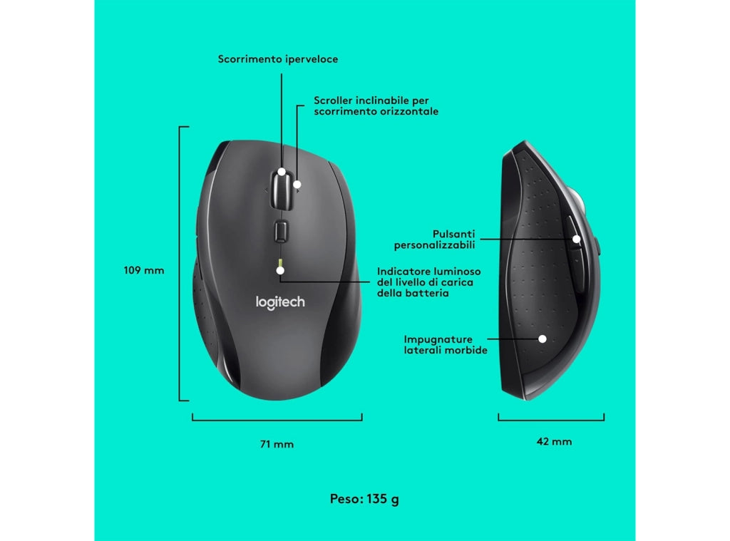 Mouse Wireless Logitech M705 Marathon con Ricevitore USB Unifying 5 Pulsanti Programmabili  Compatibile con PC Mac Laptop Chromebook - Grafite - con Batterie