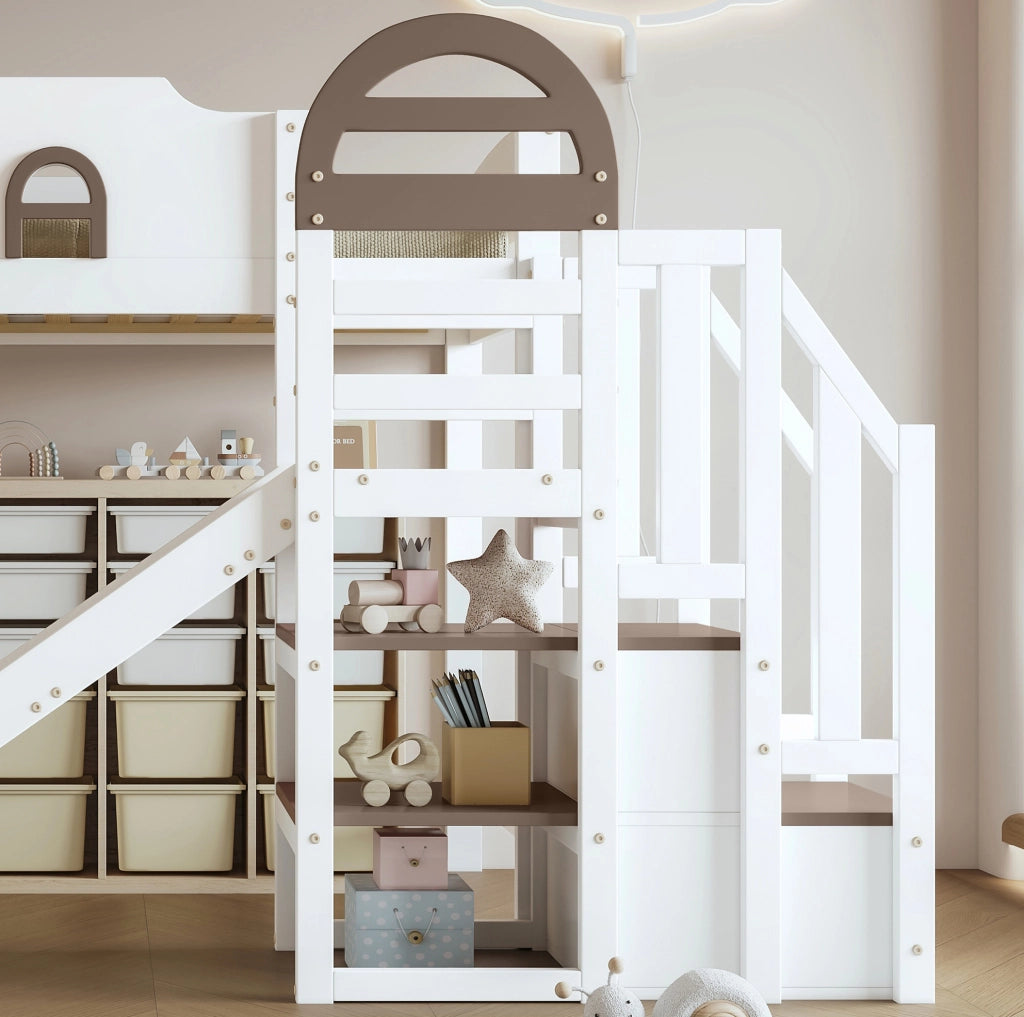 Letto a castello 90x200 cm con scivolo, scala contenitore e finestre, bianco