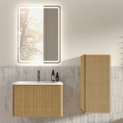 Set mobili bagno sospeso rovere con lavabo; specchio LED e colonna