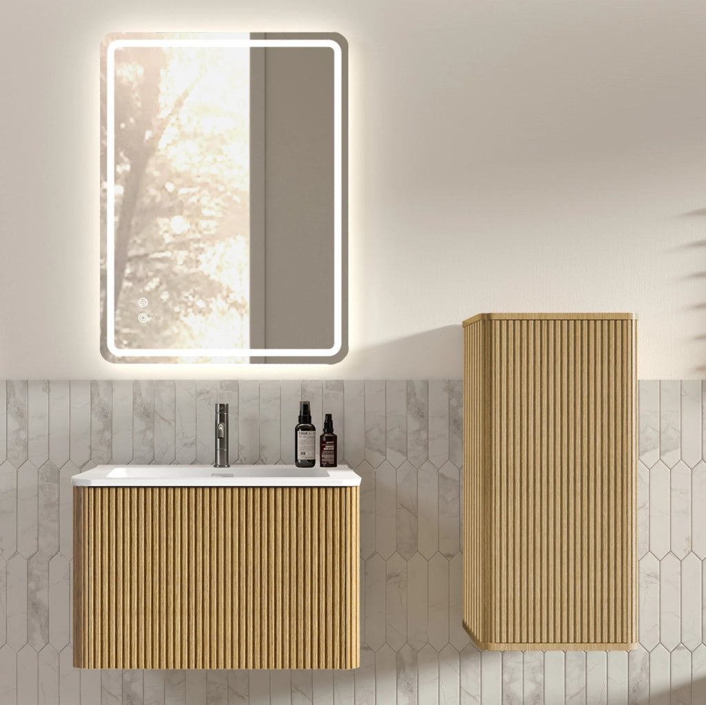 Set mobili bagno sospeso rovere con lavabo; specchio LED e colonna