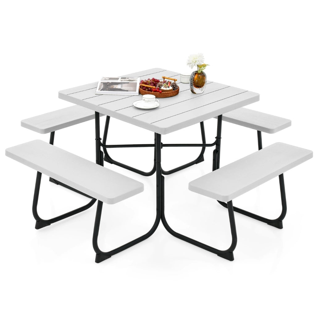 Set tavolo da picnic quadrato per 8 persone, Tavolo per esterni con foro per ombrellone capacit¨¤ di 225kg Bianco-Tavoli e sedie da campeggio