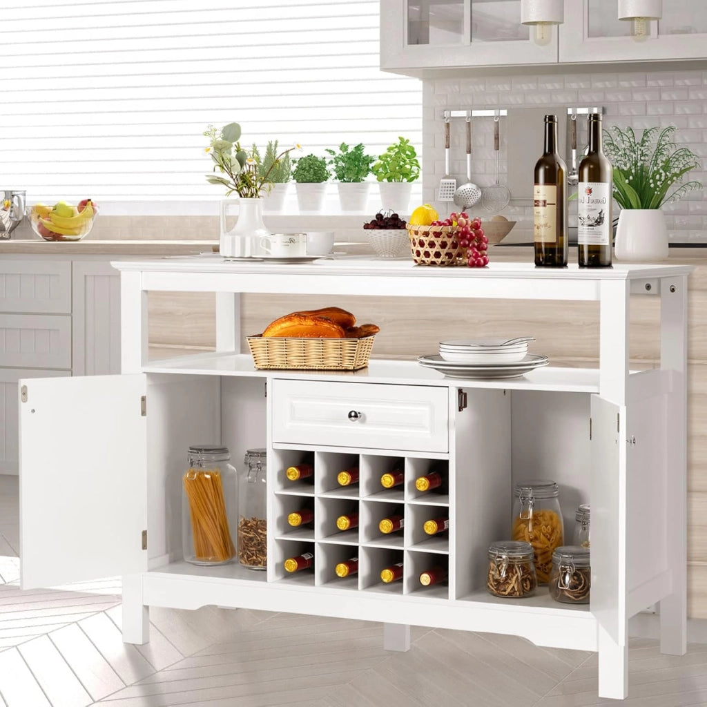 Tavolo Portabottiglie, 2 Ripiani, 12 Bottiglie, Cantinetta con 1 Cassetto e 2 Ante, Portabottiglie per Conservare ed Esporre il Vino, 116x40x82cm, 3 Colori (bianco)
