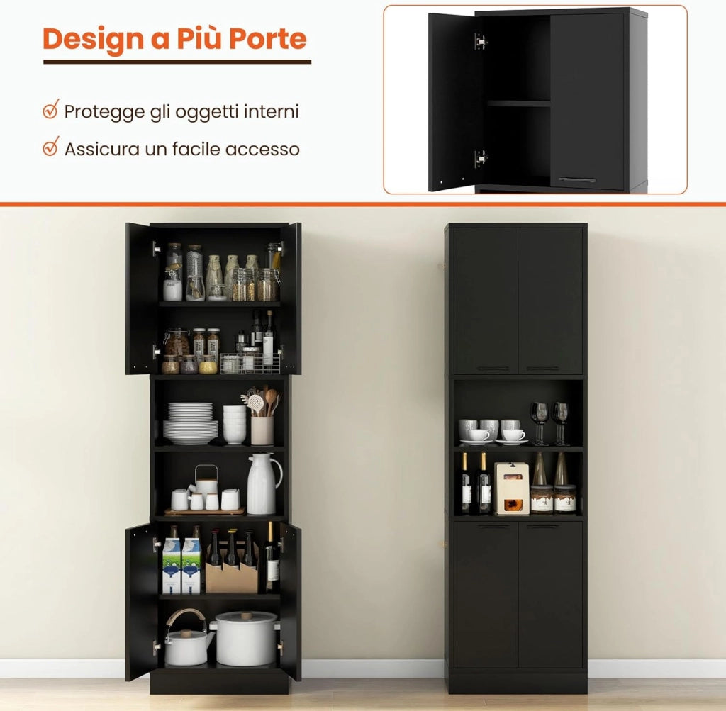 Credenza da Cucina, Mobile Buffet Alto con 2 Armadi a Doppia Porta e 2 Mensole Aperte, per Soggiorno, Cucina e Sala da Pranzo, 56 x 30 x 190 cm (Nero)