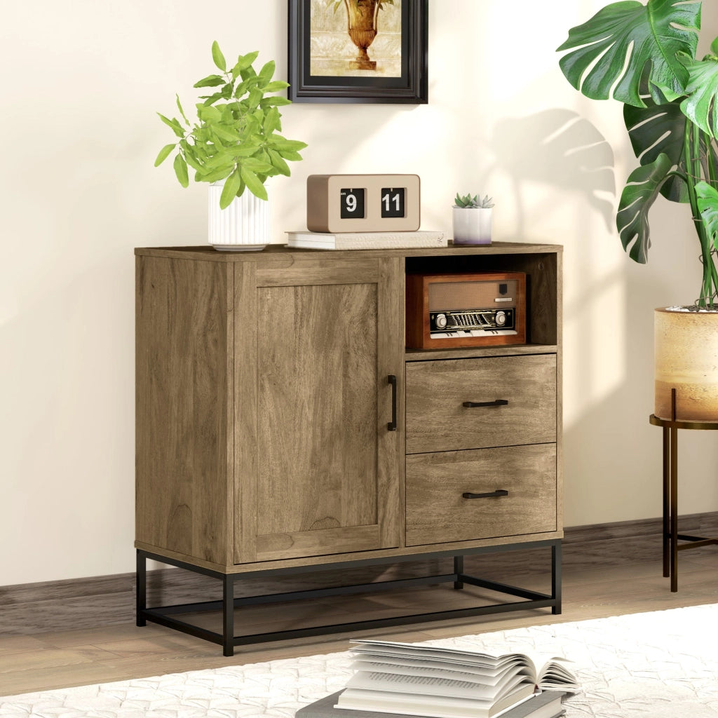 Credenza Mobile Basso Multiuso Armadietto Cassetti e Vani a Giorno  80x40x78 cm in Legno e Acciaio Marrone