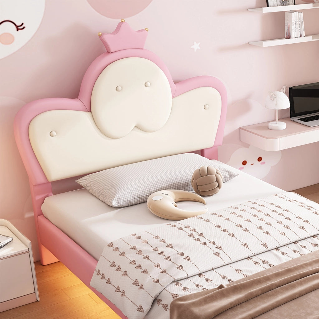 Letto per Bambini 90 x 200 cm; Letto Singolo - LED e Bordi Morbidi - PU Rosa e Bianco