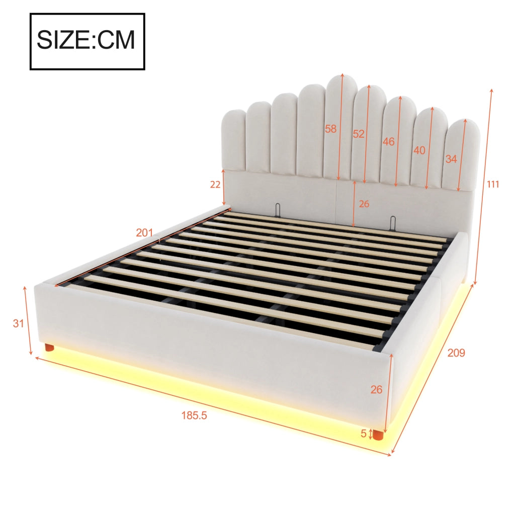 Letto imbottito 180x200 cm con contenitore idraulico, testiera trapuntata, LED e struttura in velluto beige