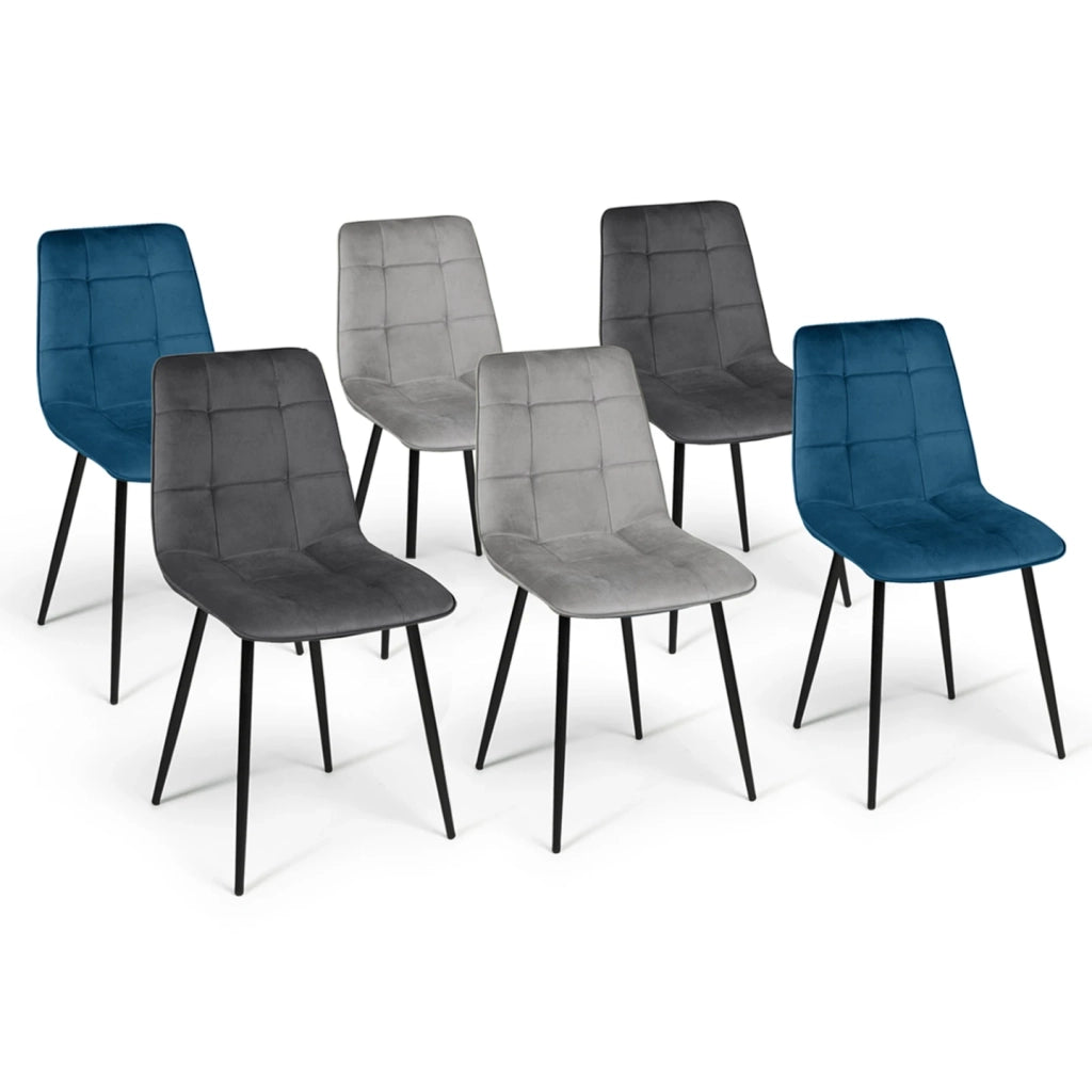 IDMarket - Set di 6 sedie MILA in velluto misto blu x2, grigio scuro x2, grigio chiaro x2