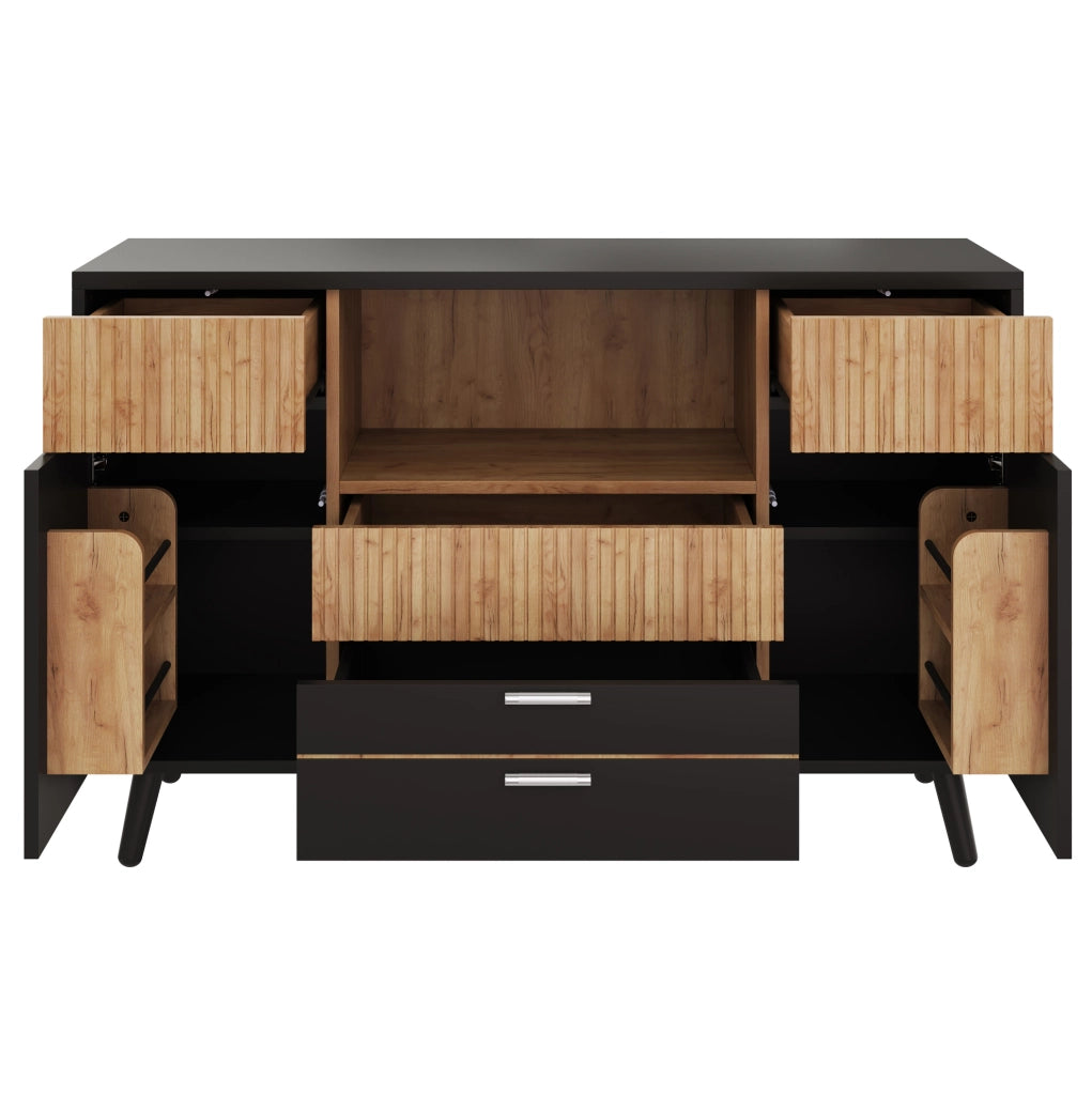 Credenza 130x38x85 cm in MDF naturale e nero con 4 cassetti e LED RGB