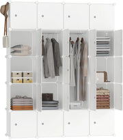 Armadio bianco con sistema di scaffalatura, 20 cubi, armadio guardaroba fai da te in plastica con porta, sistema di scaffalatura, 145 cm di larghezza