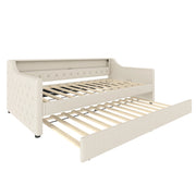 Letto singolo 90×200 cm con letto estraibile; LED e USB; senza materasso; lino e MDF; beige
