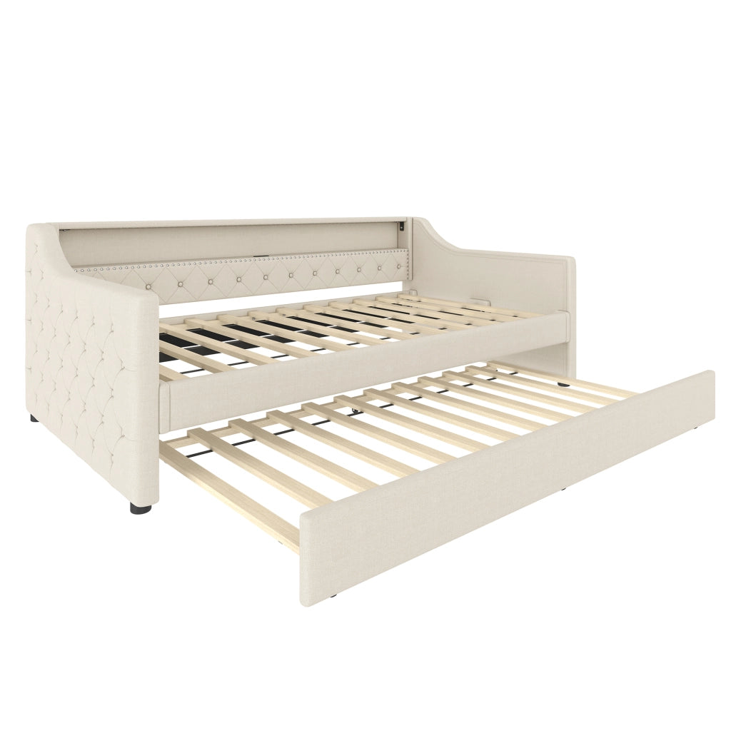 Letto singolo 90×200 cm con letto estraibile; LED e USB; senza materasso; lino e MDF; beige