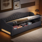 Letto singolo imbottito 90x200 cm con LED, contenitore e struttura grigia
