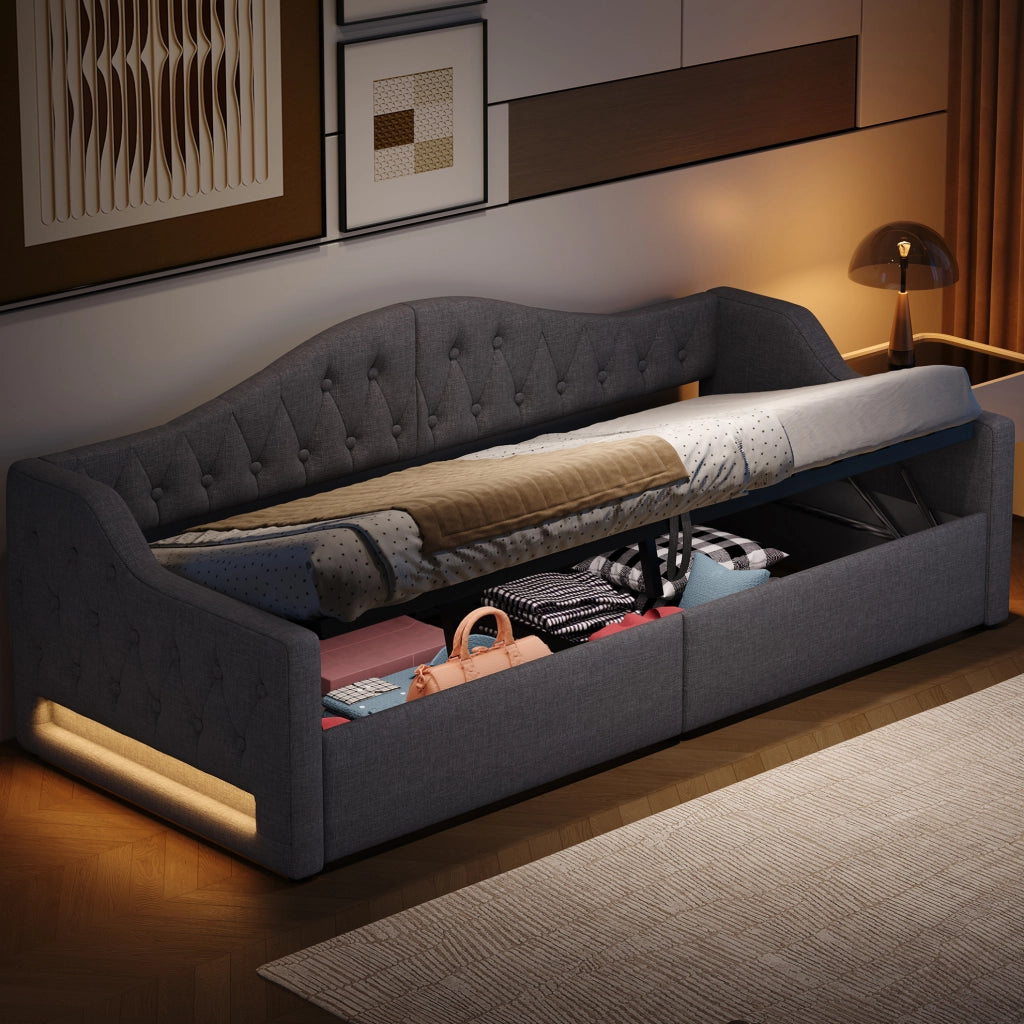 Letto singolo imbottito 90x200 cm con LED, contenitore e struttura grigia
