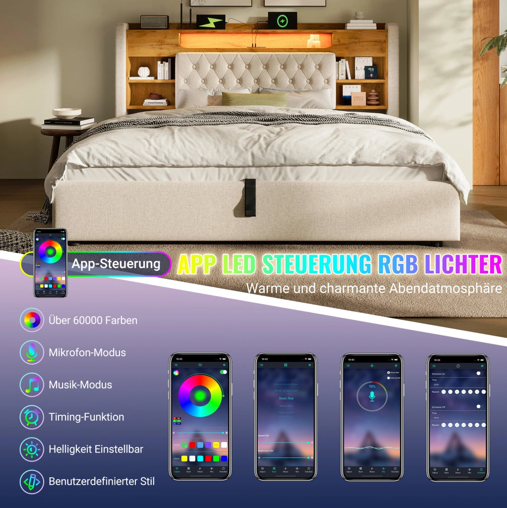 Letto singolo 90x200 cm con vano idraulico, LED e USB-C beige