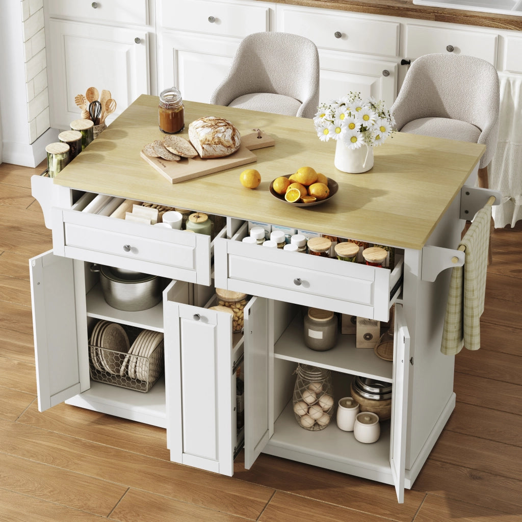 Isola da cucina con piano ribaltabile, carrello cucina in MDF, 2 cassetti grandi, ruote frenanti, 121x49(69)x89 cm