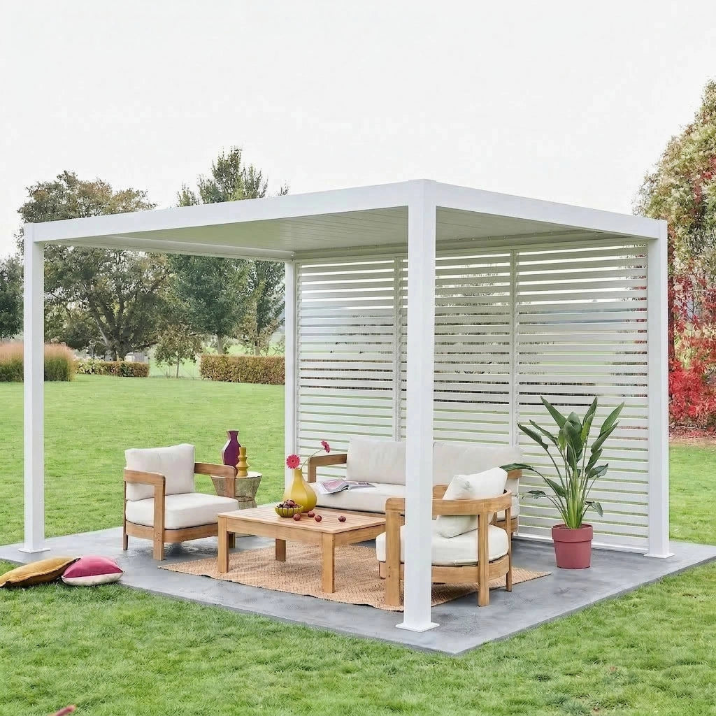 Pergola bioclimatica 3x4 in alluminio + 3 persiane da 1.3m, bianco