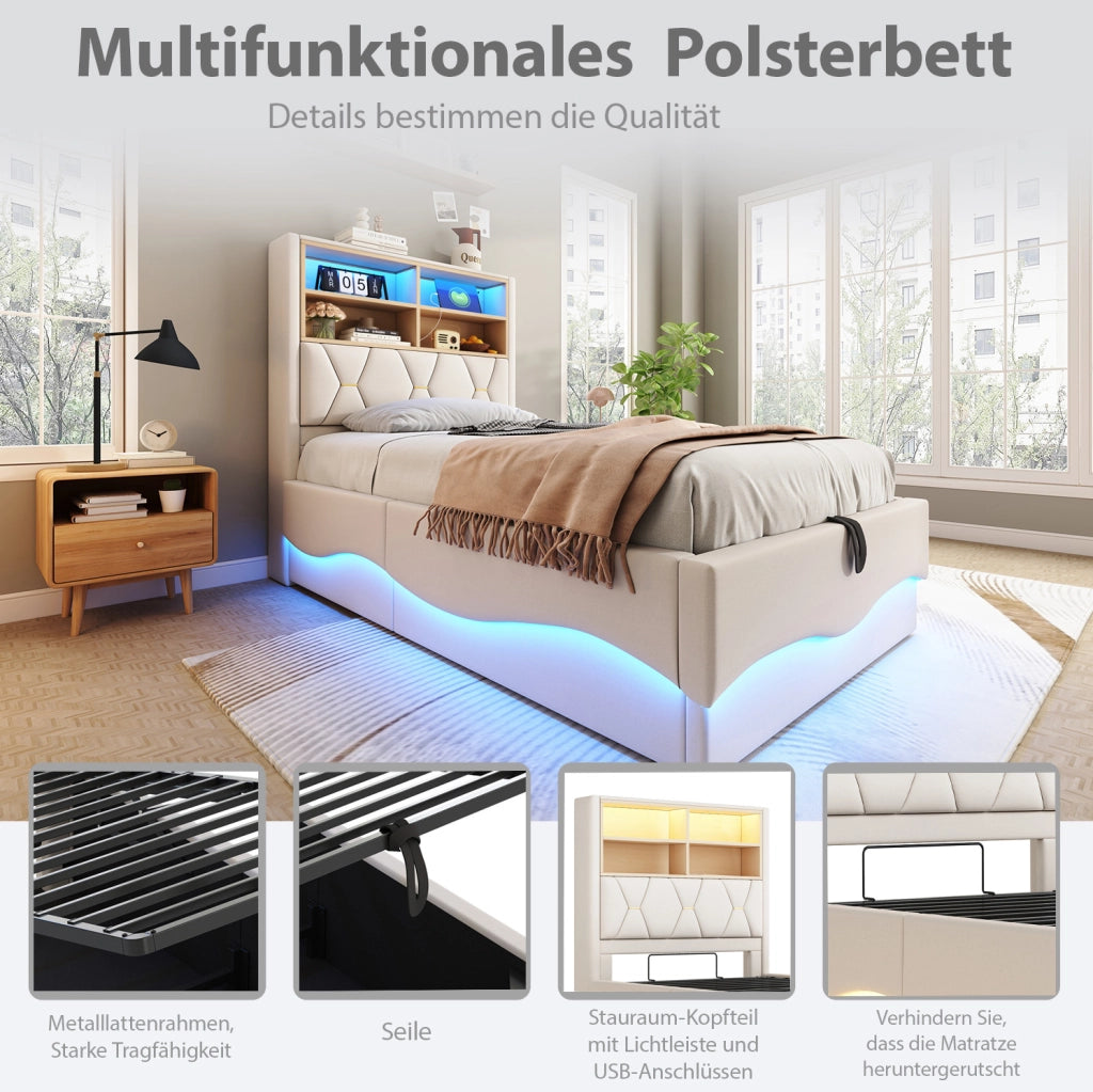 Letto multifunzione per bambini 90x200 cm beige con LED e USB