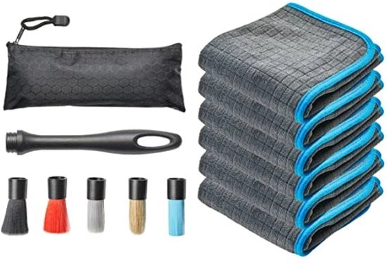 Set di spazzole da dettaglio 5 in 1 intercambiabili con spazzola per ruote per ogni superficie e 6 microvelurini interno da 6x - spazzola di pulizia estremamente morbida per auto-accessori interno, set di cura auto