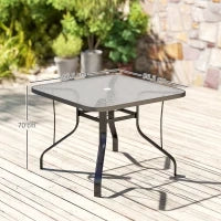 Tavolo da Giardino Quadrato a 4 Posti con Piano in Vetro e Foro per Ombrellone Ø54 mm, Nero