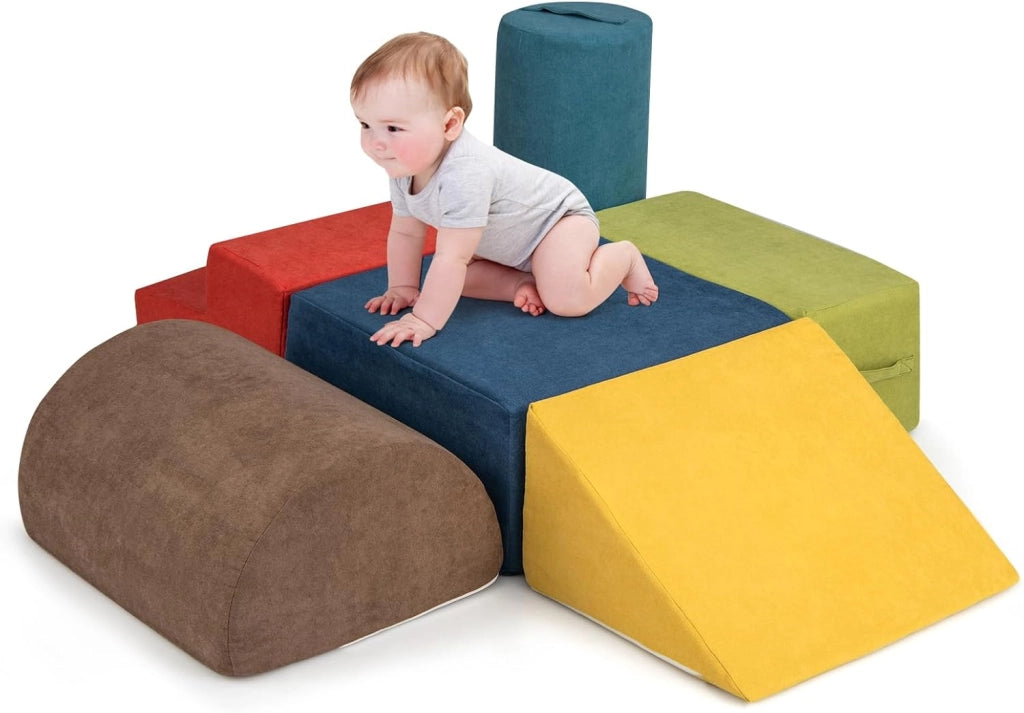 Set di 6 Blocchi di Arrampicata per Bambini, Set di Costruzioni Morbide con Tessuto Ciniglia, Mattoncini in Spugna ad Alta Densità con Maniglie, Ostacoli per Scalare per 1-3 Anni (Multicolore)