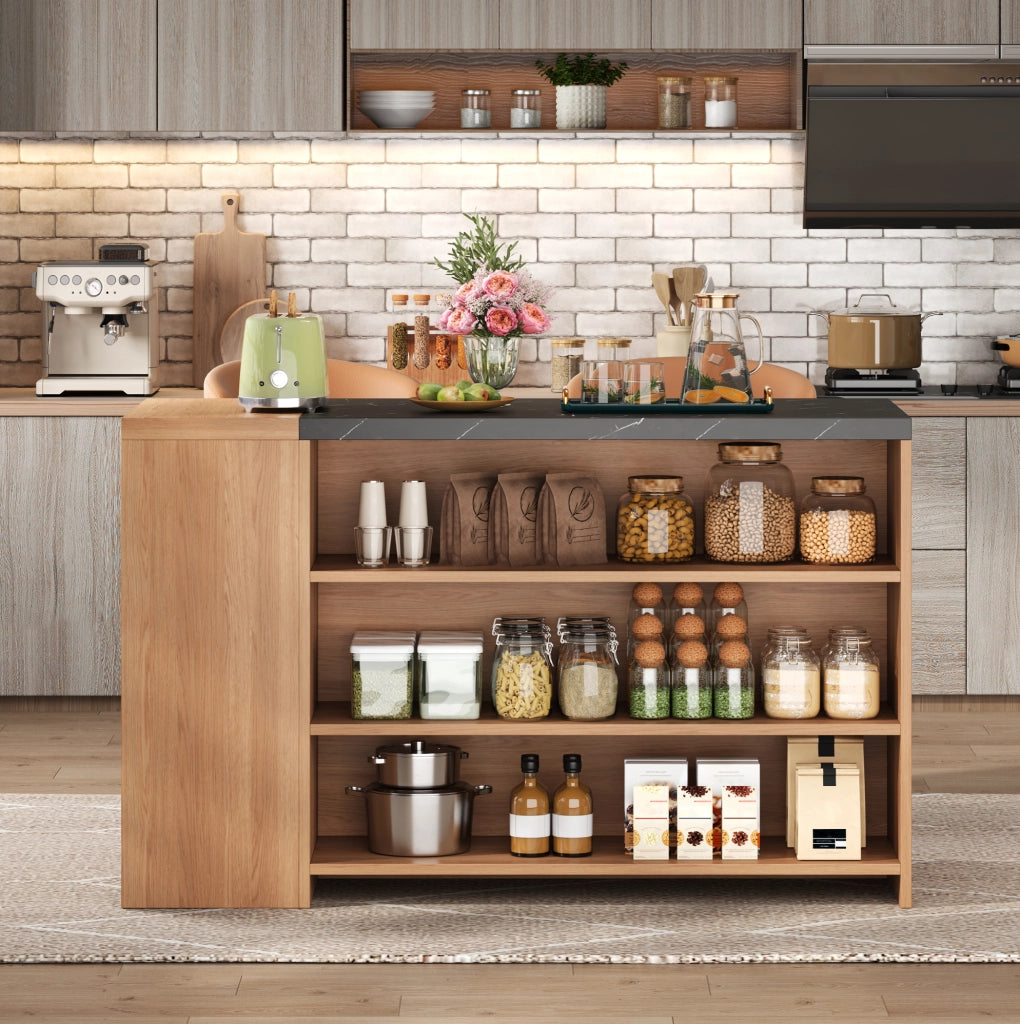 Isola cucina 140x60x90 cm con ampio spazio contenitivo; piano robusto in MDF nero e naturale
