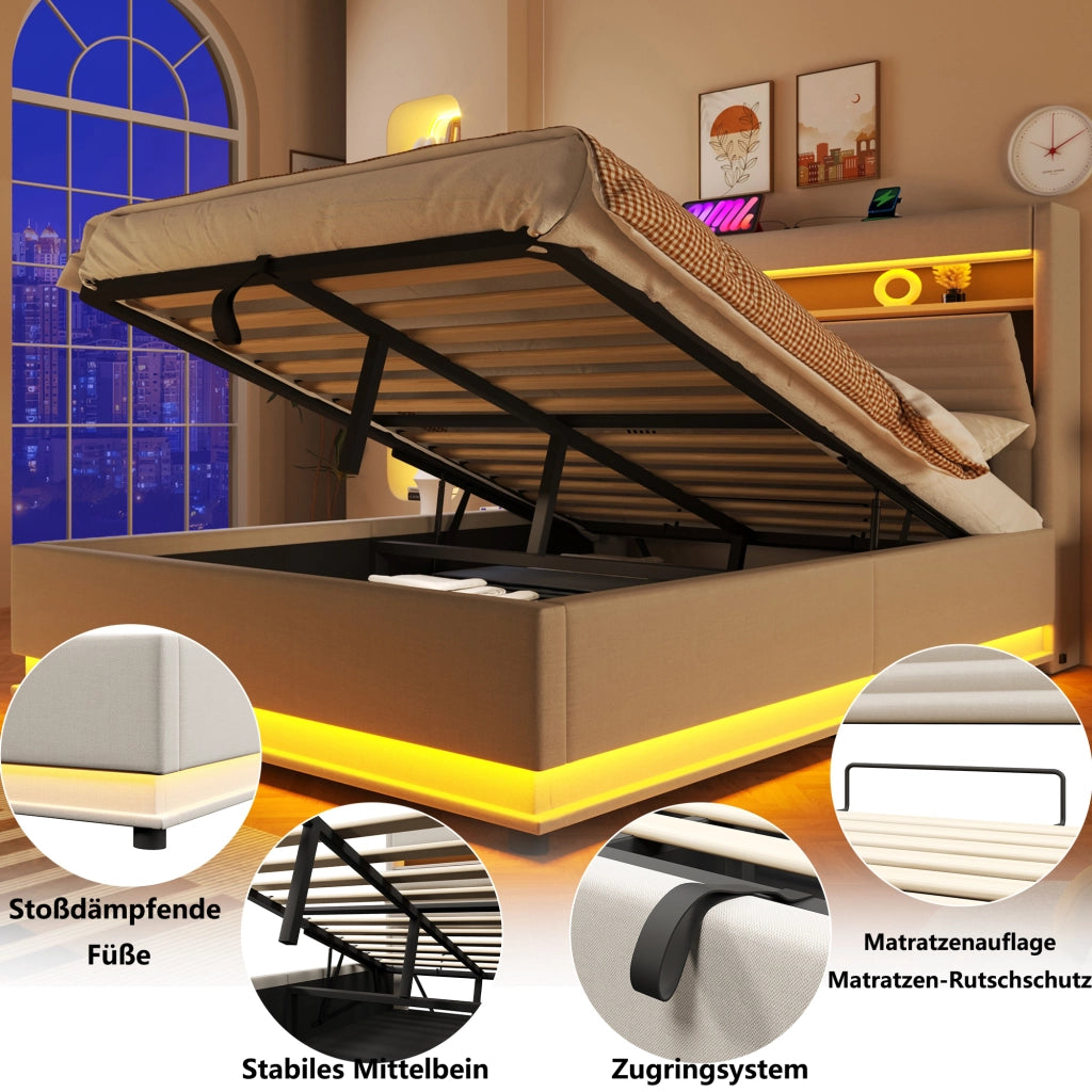 DESMIU Letto contenitore 140 × 200 cm 2 posti con LED, USB Type-C, vano idraulico, senza materasso, in lino, beige