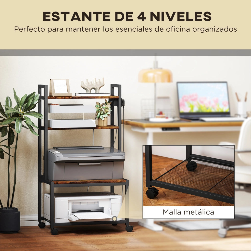 Scaffale per Stampante 4 Ripiani con Ruote e Struttura Metallo ¨C Zephmum ¨C Marrone 90x50x100 cm